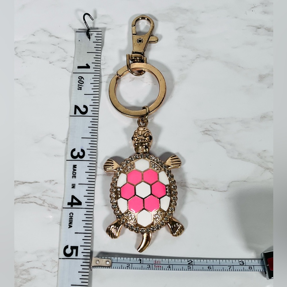 Gold Tone Pink Bling Turtle Bag Charm Keychain - Picture 3 of 4